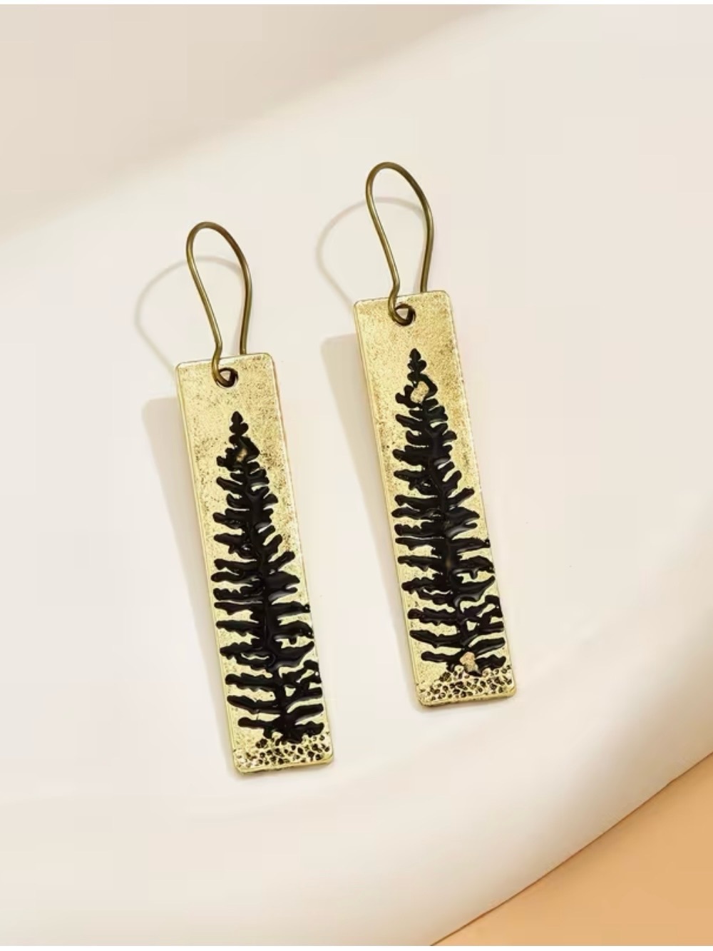 Gold Tone Rectangle Dangle Hook Earrings Black Tree Nature Design 4.3cm
